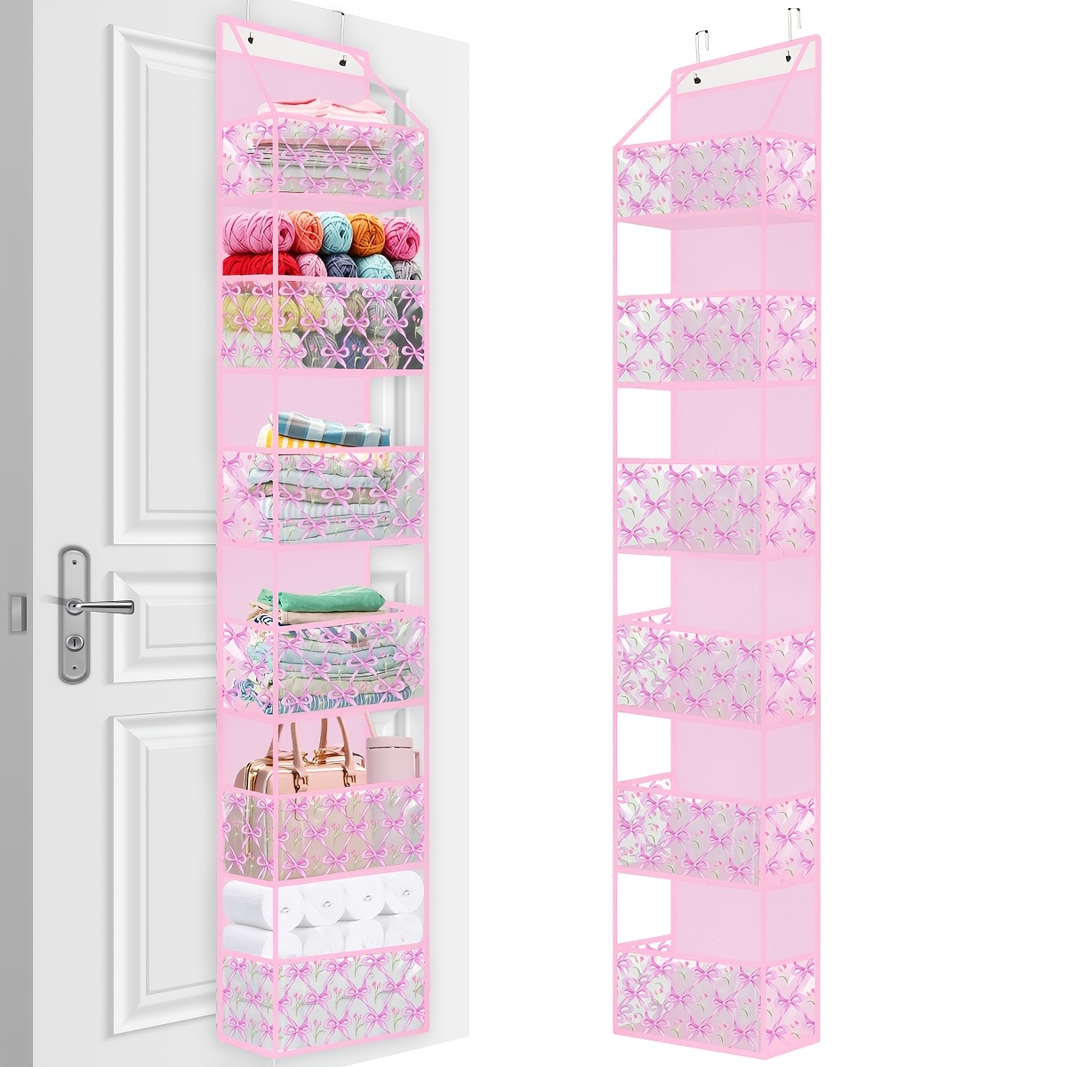 TEMU 1 Pack 6-shelf Over Door Hanging Pantry Organizer, Bow Print Pvc Hanging Storage With 6 Clear Plastic Pockets, Behind The Door Storage Organizer