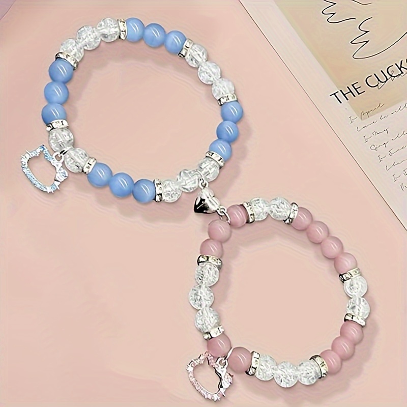 

Magnetic Heart Charm Bracelet Set - Pink & Blue Glass Bead Stretch Bracelets For Friends, Couples, Sisters, And Family Gifts