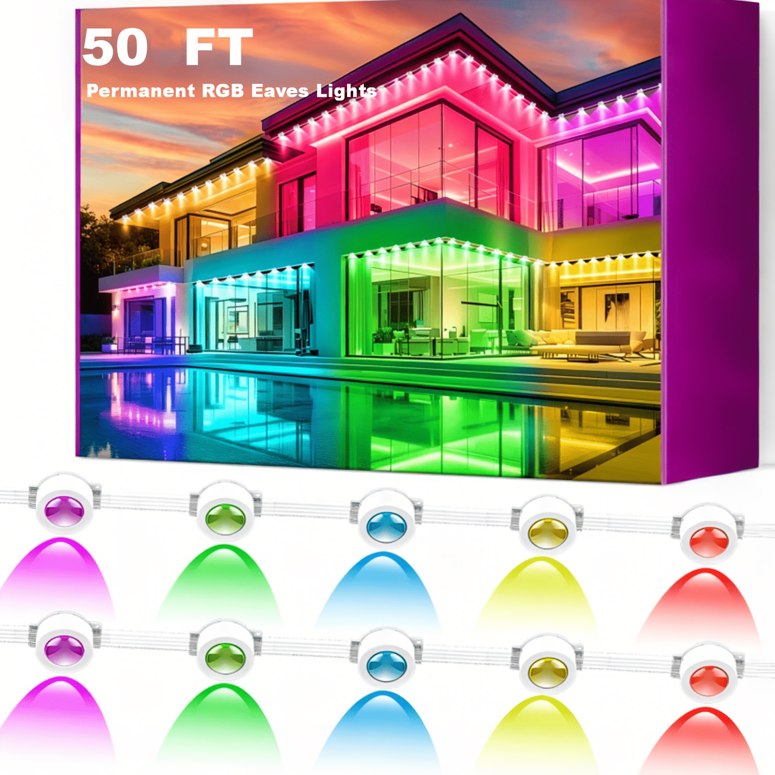 TEMU 50ft Permanent Outdoor Lights, Rgb Eave Lights, Ip68 Waterproof Outdoor Eave Lights, For Outdoor Decoration, Garden Decoration, Homes, Parties,