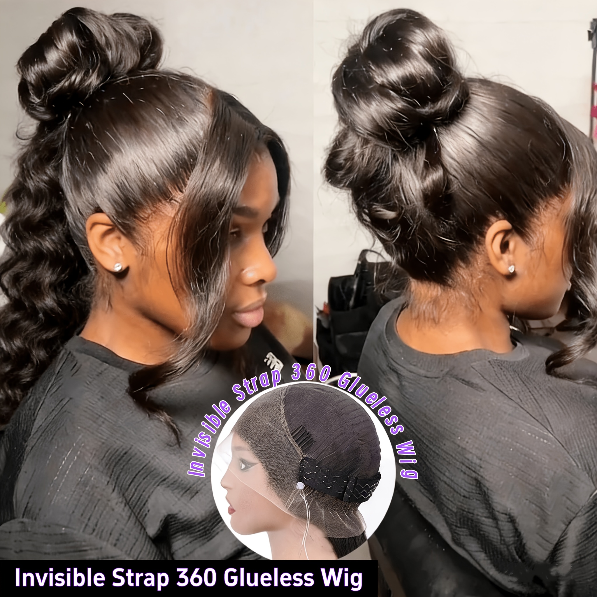 360 Full Lace Body Wave Human Hair Wigs Glueless Hidden Strap Pre Plucked Natural Hairline 180% Density Natural Color Wear & Go High Ponytail Bun Wigs for Women