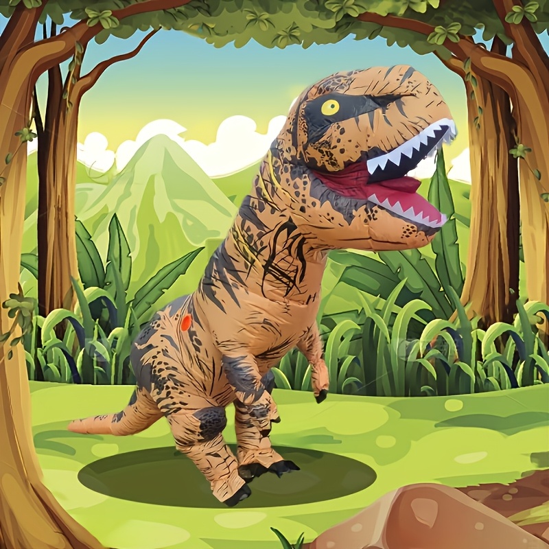 TEMU Costume de Tyrannosaure Rex Gonflable Marron pour Halloween, Costume de Poupée Dinosaure de Science-Fiction Gonflable, Tenue de Fête Amusante et