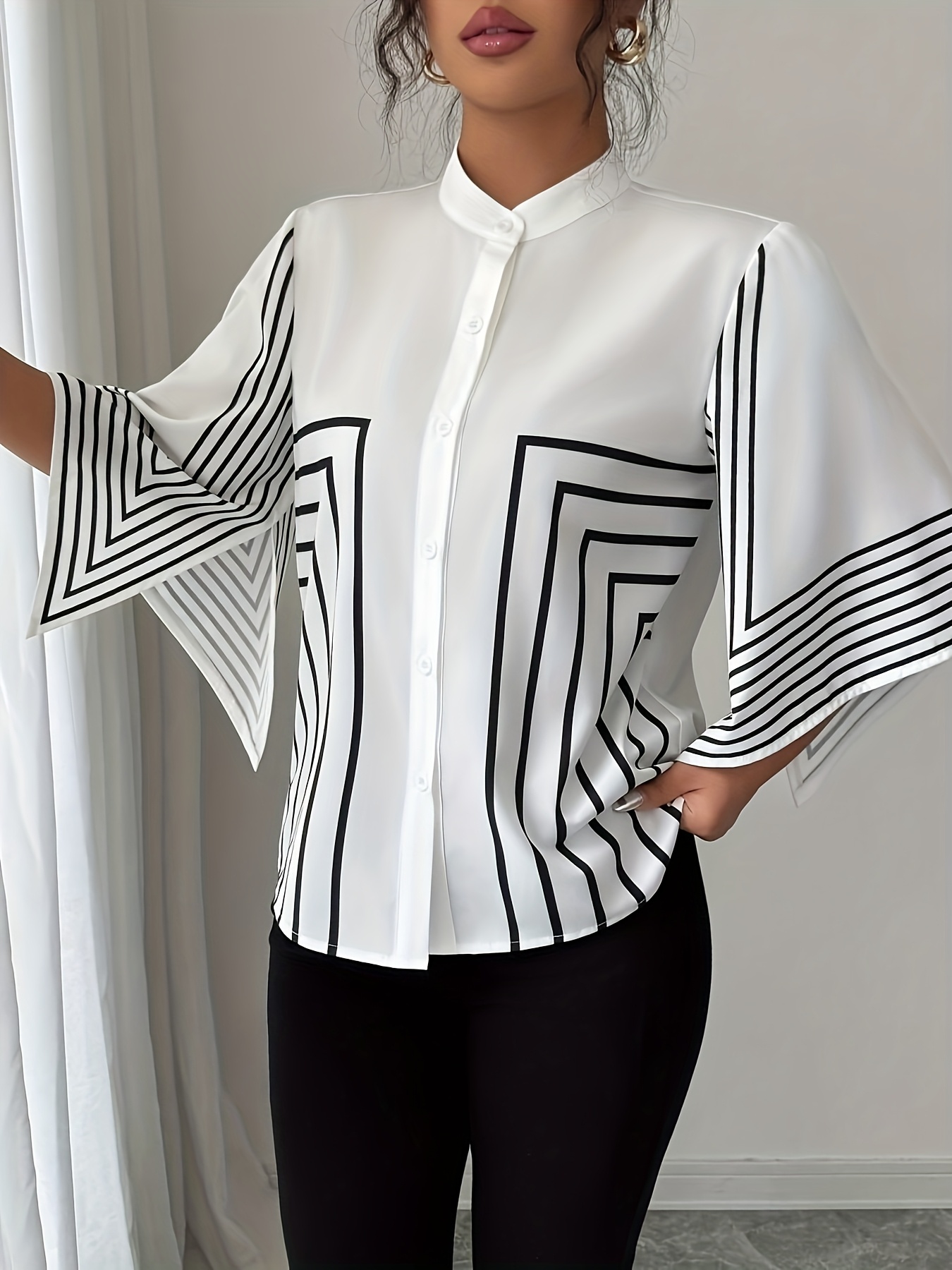 A French Elegant Shirt With A Stand Collar, Digital Prints, Geometric Lines,