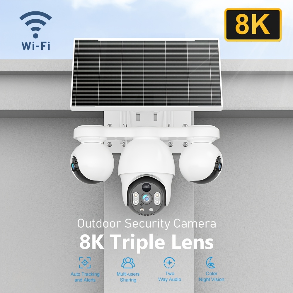 TEMU Caméra de sécurité solaire extérieure Wifi 8K à triple objectif et triple écran, surveillance vidéo PTZ 360° Pan Tilt Rotation, suivi de
