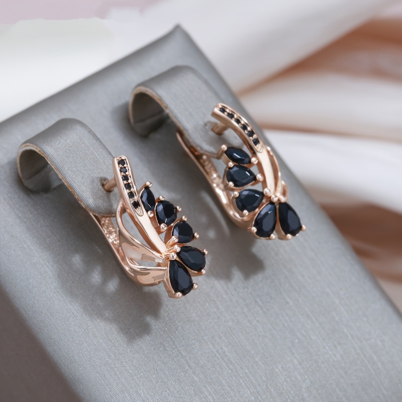 

1 Pair Black Zircon Flower Shape Earrings For Women Party Fine Jewelry Luxury Golden Color Fruit Drop Earrings Easter Gift