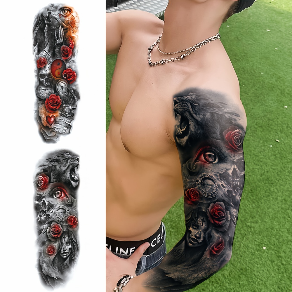 2pcs Temporary Tattoo Stickers Large Size Arm Sleeve Dark Punk Style Mechanical Clock Eye of Ruth Red Dark Rose Lion Skull Fake Tattoo Body Art Fashion Cool Arm Leg Makeup Body Decoration Covering, Tattoo Stickers for Women, Leg Tattoos, Costume Decoration, Festival Accessories, Edgy Body Decor, Easy Application, Highquality Decals, Arm Tattoos, Cosplay Accessories, Alternative Fashion Lovers