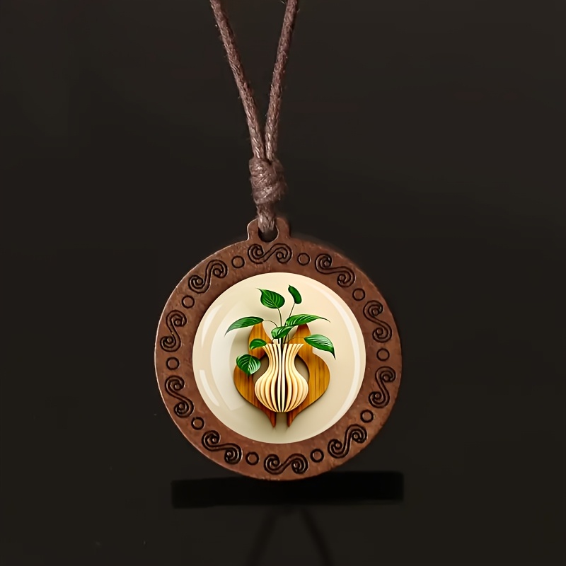 Women's Vintage Green Leaf Wooden Necklace, Minimalist Gift