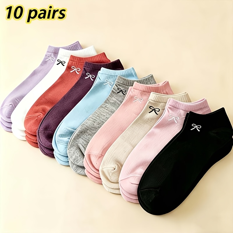Image of 10 Pairs Women's Elegant Bow Short Socks - Breathable Lightweight Invisible Spring Summer Casual Socks, Soft Tones (suitable For Daily Wear And Special Occasions)