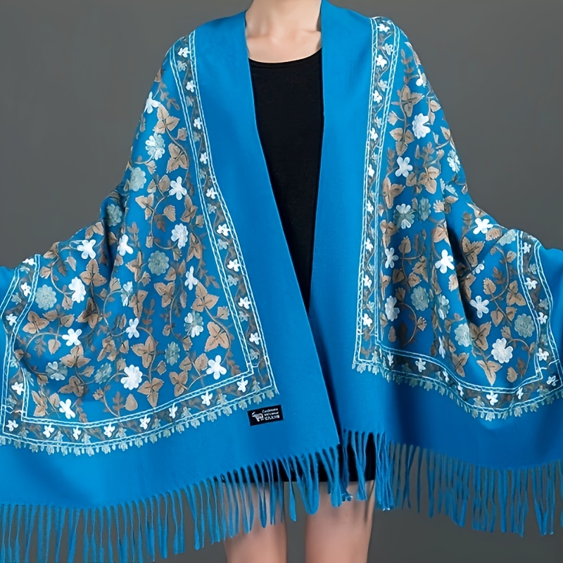 

Elegant Embroidered Scarf For Women - Versatile Polyester Shawl With Tassels, Perfect For Fall/winter & Summer Outings