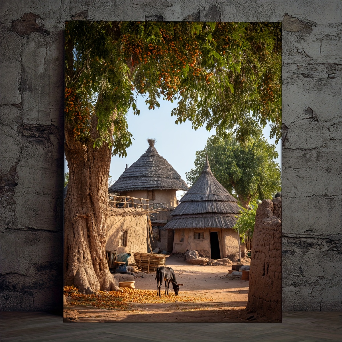 TEMU 2d Flat, 2d Flat, 2d Flat1 Width African Mud Canvas Painting - Traditional African Architecture, Thatched Roofs, , And Goats - 30.48x40.64 Cm -