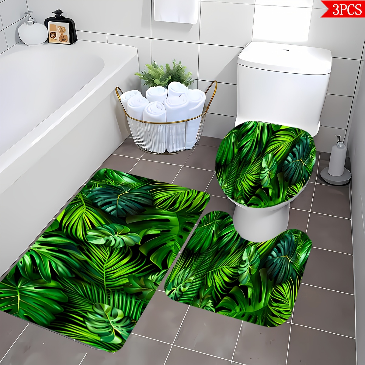 TEMU 3pcs Leaf Pattern Bathroom Mat Set, Designed For Home Decor And Bathroom Decoration | Elegant Floor Mats | Durable Bathroom Mats, Bathroom Mat