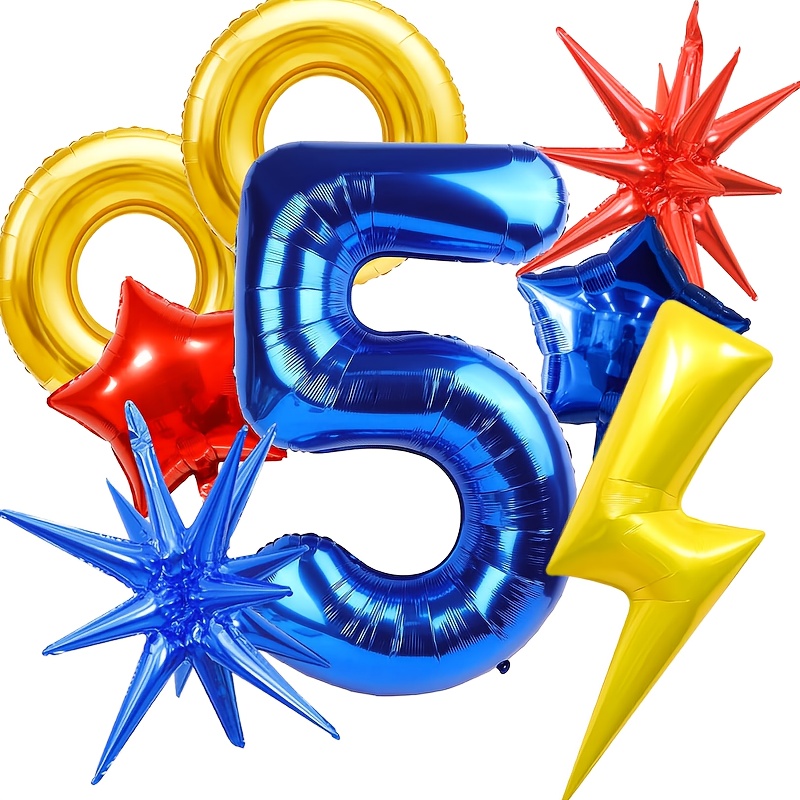 8pcs Red, Blue, And Yellow Balloon Set, 40- Number Balloons 0-9, Balloons, Lightning And Star Balloons, Birthday-themed Party Decorations