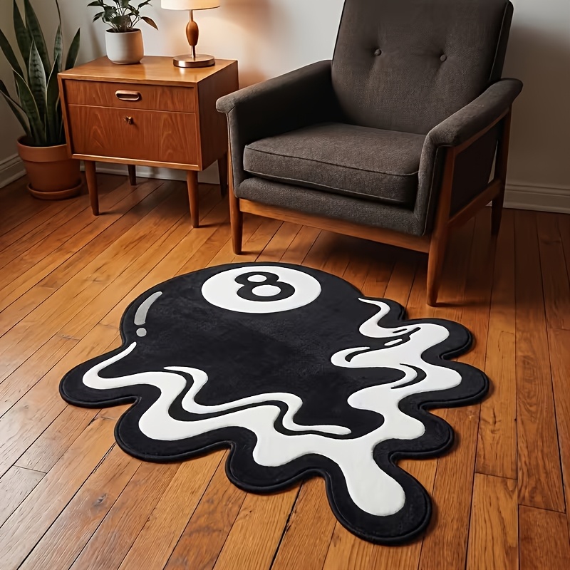 TEMU 1pc 850g/㎡ Creative Melted Black 8 Billiard Irregularly Shaped Rug, Style Decorative Floor Mat For Bedroom And Living Room, Irregular Carpet.