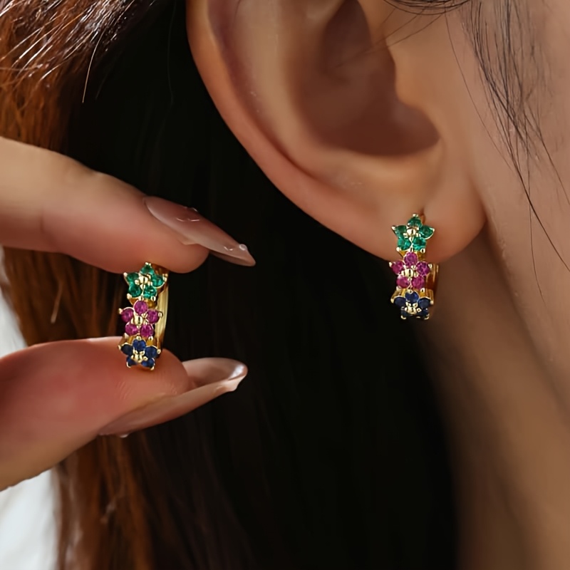 TEMU 1 Pair Of Elegant Multi-colored Small Flower Inlaid Synthetic Zirconia Copper Ring Earrings, Exquisite And Compact, Suitable For Women's Banquet