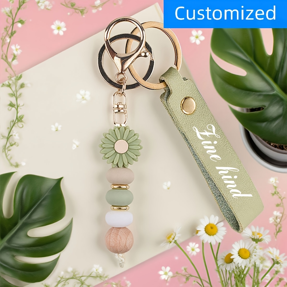 TEMU 1pc Diy Custom Daisy Bead Keychain, Personalizable With Text, Date, Or Symbol - Light-colored And , Lobster Clasp Closure, Elegant Gift For