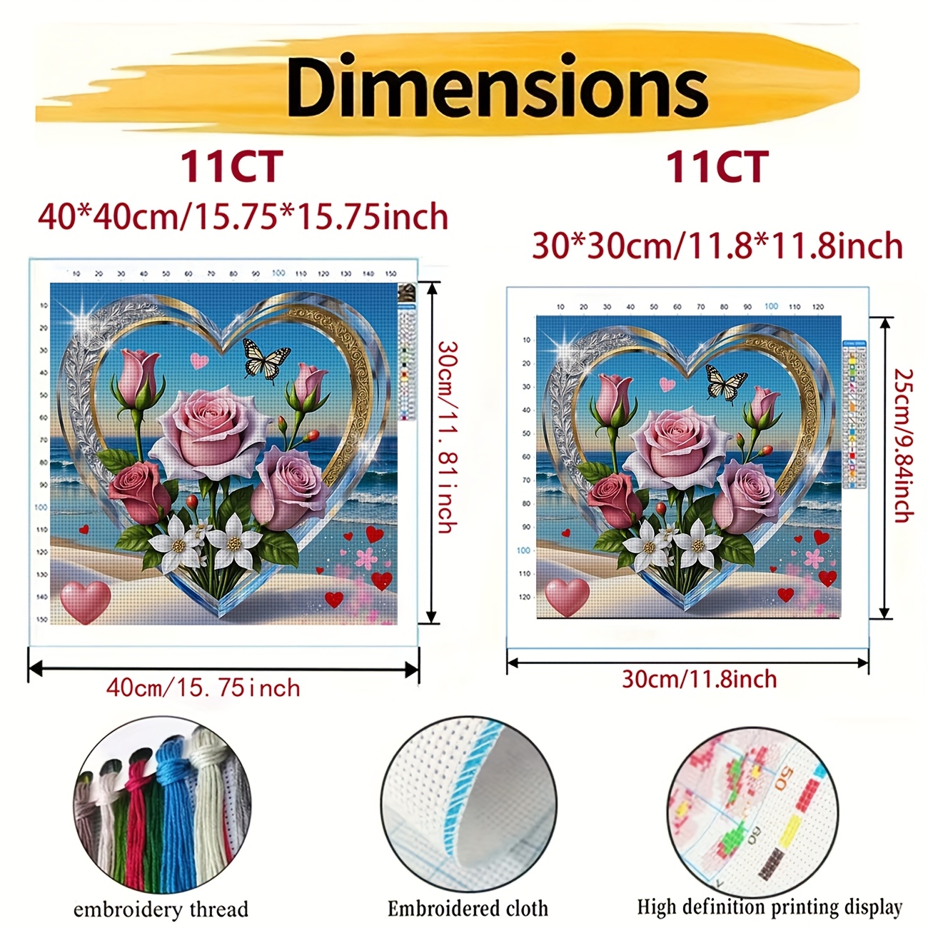 Printed DIY Cross Stitch Kit, Frameless, "Heart Bouquet Beach Butterfly" Pattern