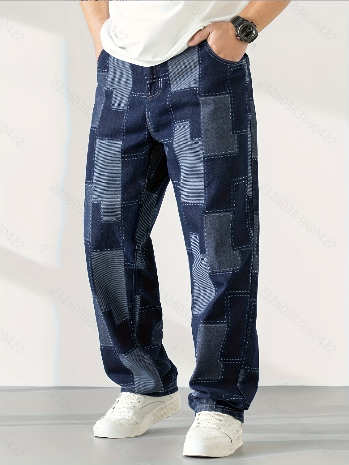 Men'S Plus Size Geometric Denim Jeans - Casual Straight-Leg Pants with Button Closure, Pockets, and Non-Stretch Fabric for Golf & Casual Attire, Spring Summer Fall, PLUS SIZE