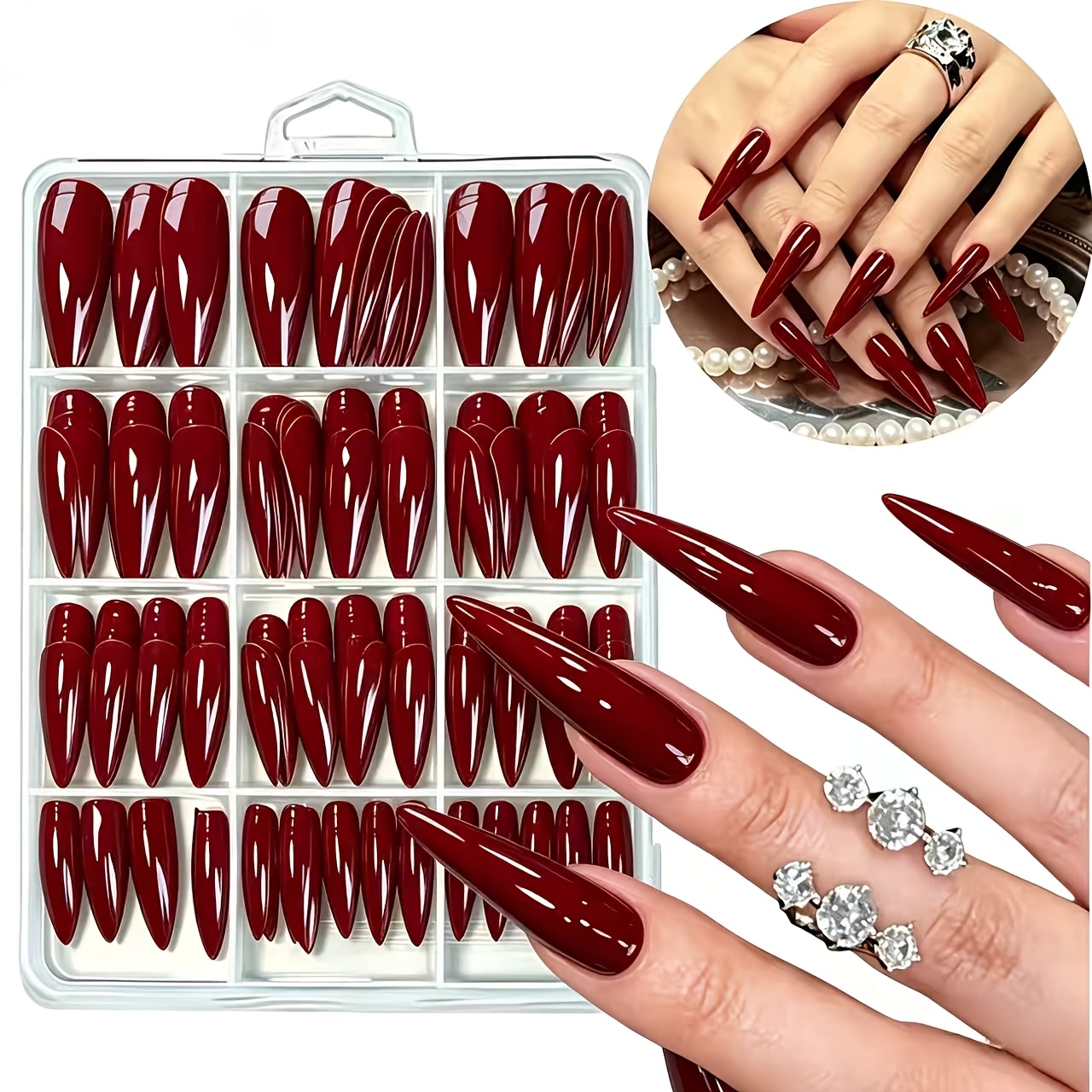 TEMU 192pcs Red Long Stiletto Press-on Nails Suitable For , Full Cover Glitter Fake Nails With Glossy Finish, Pre-made Tip Nails For , Parties,