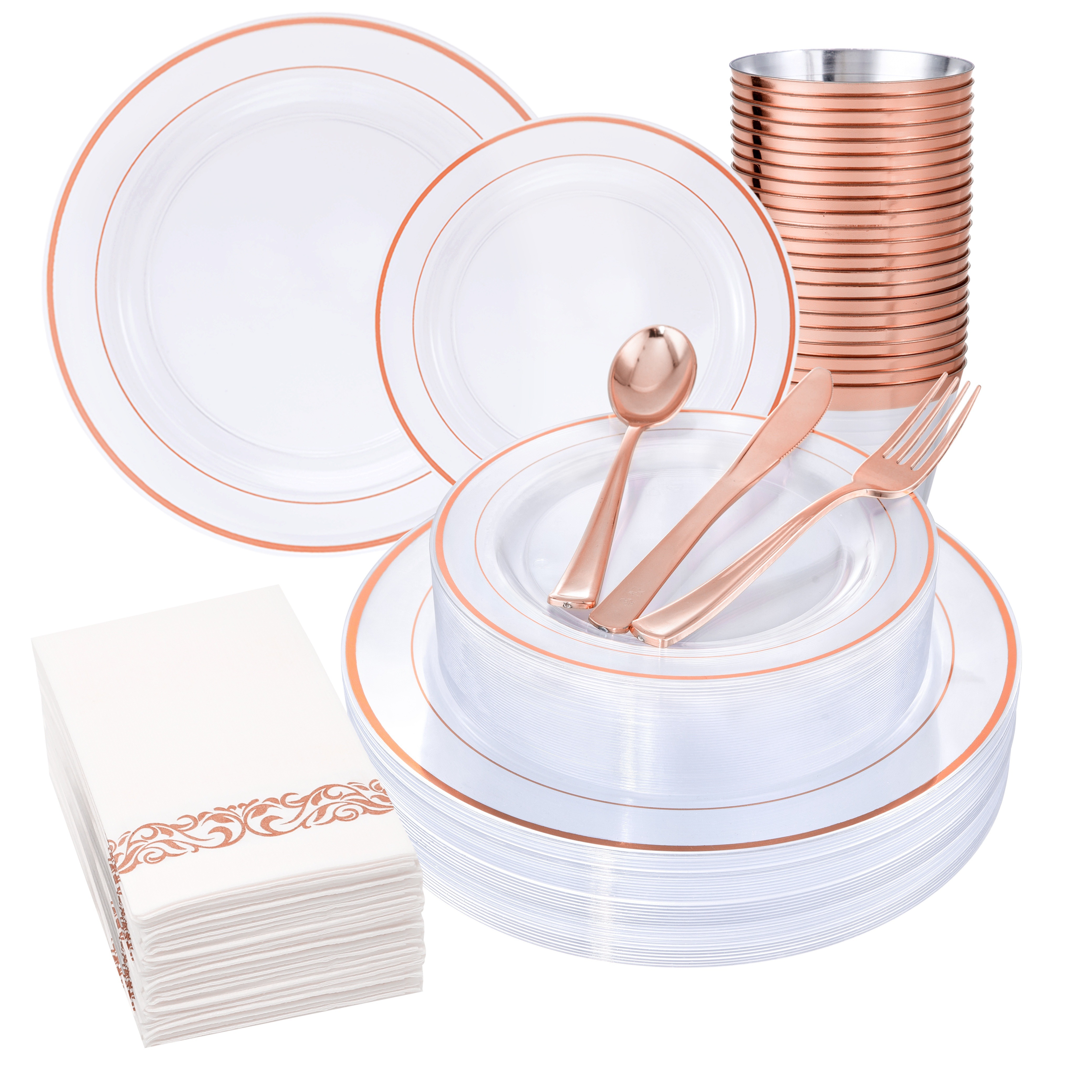 TEMU 350pcs Rose Gold Plates, Rose Gold Dinnerware Set : 50 Dinner Plates 10.25 Inch, 50 Dessert Plates 7.5 Inch, 50 Rose Gold Cutlery, 50 Disposable Cups 9oz With 50 Napkins For Party And Wedding.