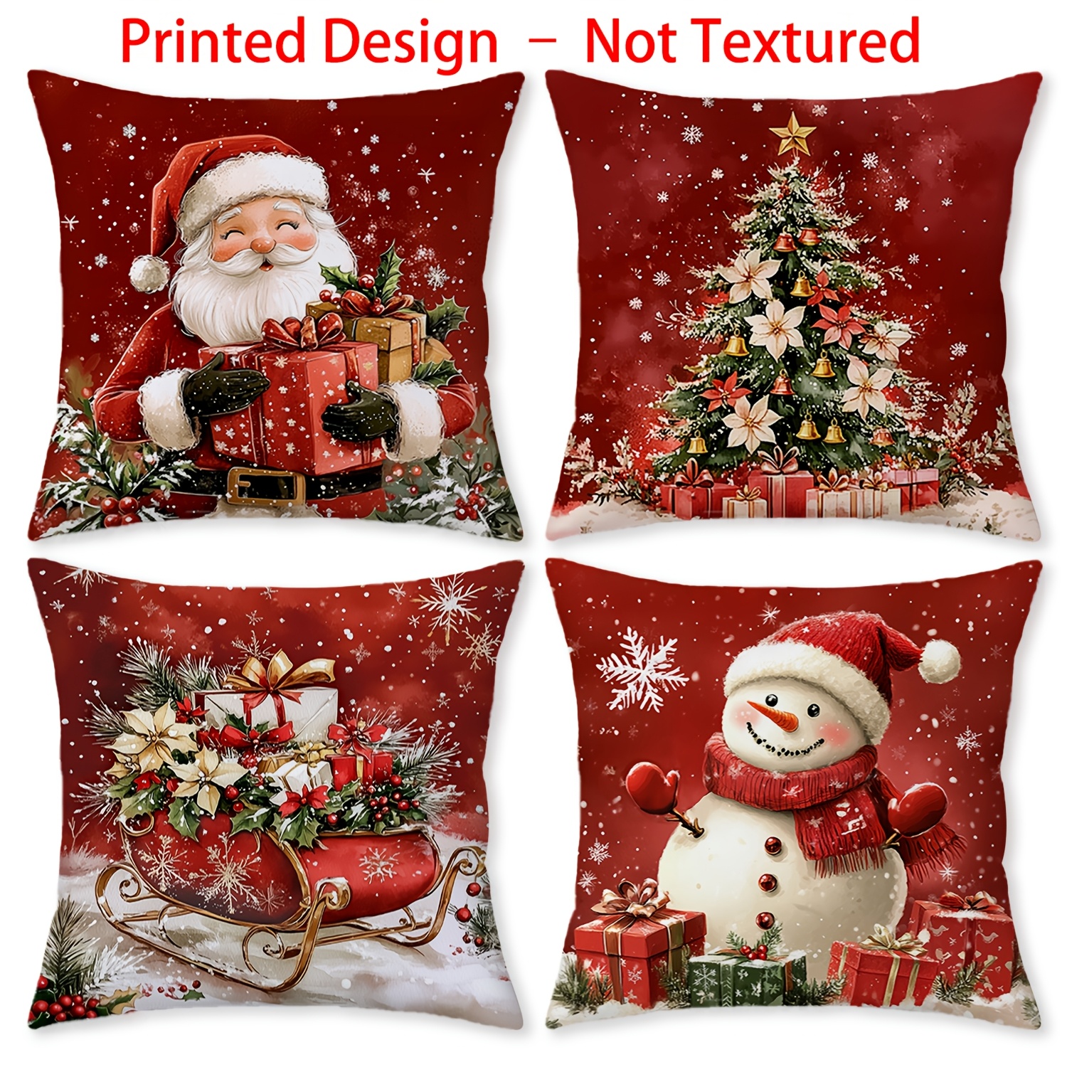 TEMU Lot de 4 housses de coussin de Noël, 18x18 pouces, avec fermeture éclair, housses de coussin décoratives rétro Père Noël de neige boîte cadeau,