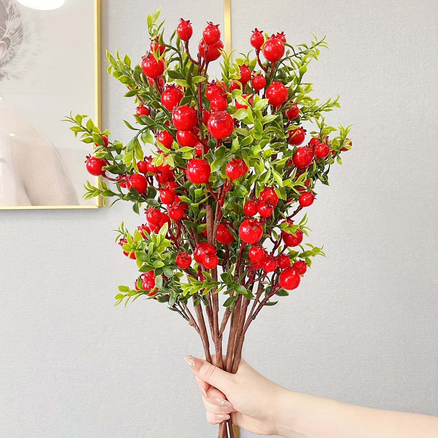Image of Set Of 5 High-quality Artificial Pomegranate Flower Branches For Decorative Arrangements, Perfect For Living Room Decor