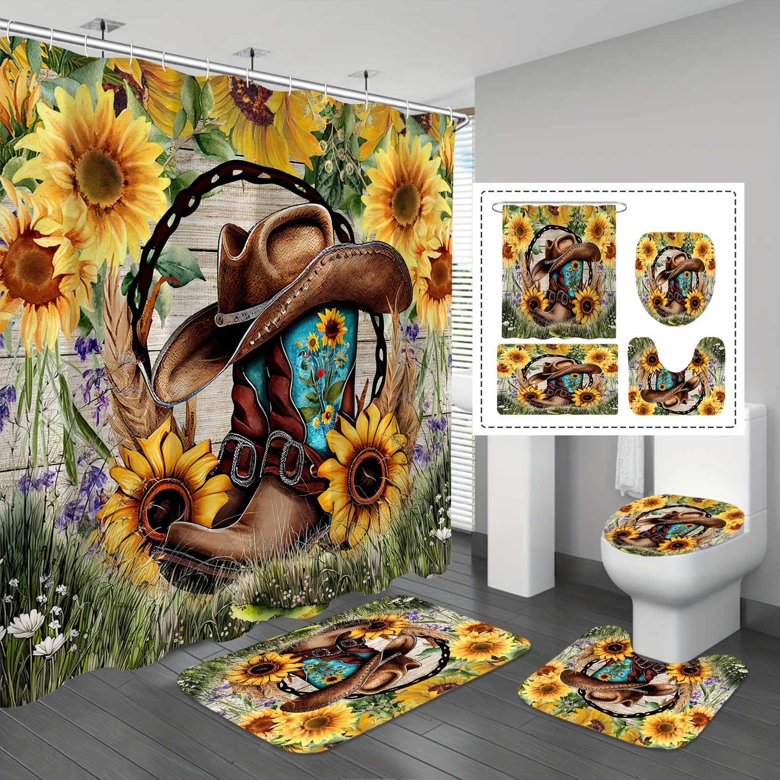 

1/4pcs Cowgirl Boots And Sunflowers Shower Curtain Set, Floral Rustic Bathroom Sets With Shower Curtain And Rugs, Waterproof Polyester Fabric Shower Curtain Bathroom Decor With 12 Hooks