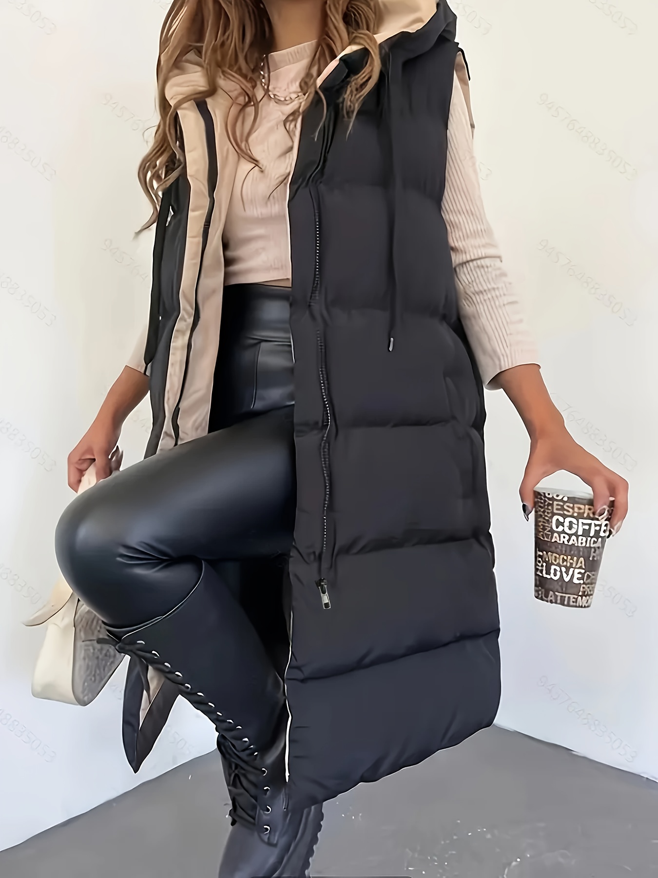Women's Black Hooded Long Zip-Up Vest Coat Machine Washable Puffer  Jacket with Pockets, Stylish Commuter Outerwear for Casual