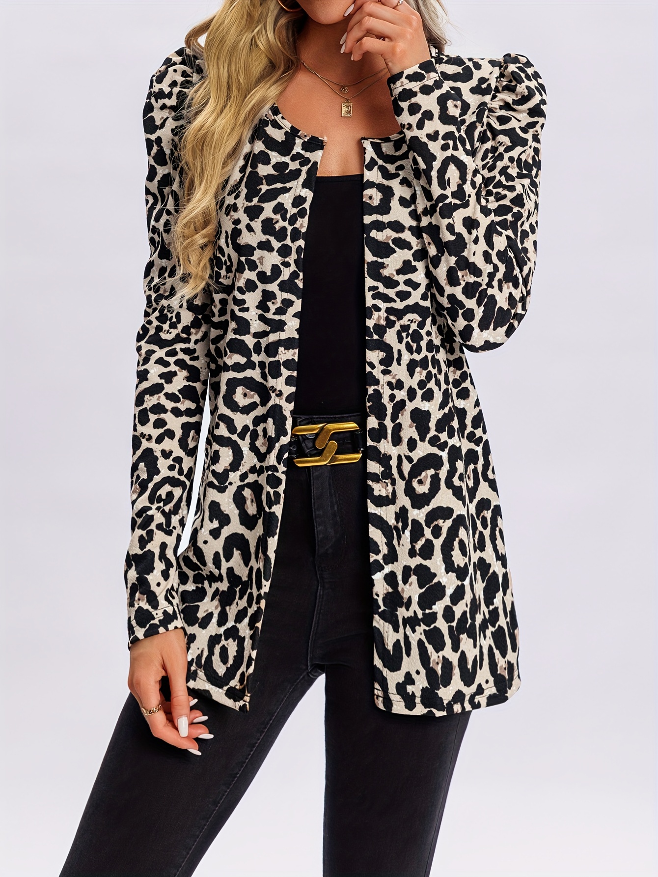 Women's Leopard Print Lightweight Jacket - Elegant Loose Fit Mid-Length Open Front Coat with Long Sleeves, Machine Washable Spring Summer Fall Casual Outerwear, Leopard Print Jacket, Seasonal Fashion, Buckle Belt Accent, No Button Closure