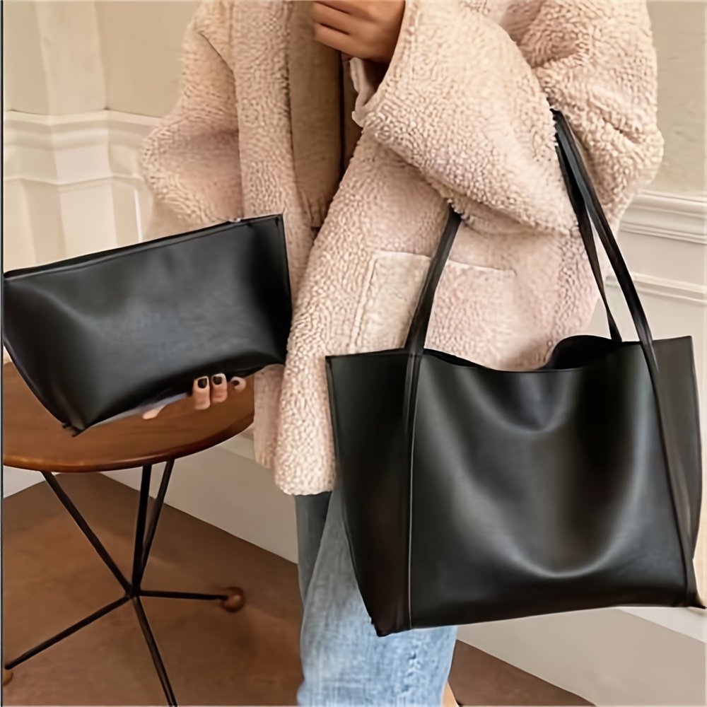 

Elegant Black Tote Bag With Matching Clutch - Faux Leather, Vintage Large Capacity, Chic Single Shoulder Bag With Fixed Straps, Unlined With Closure & Edge Paint Detail