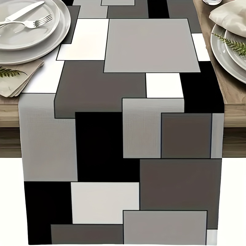 

Abstract Geometric Tablecloth In Black, White, And Grey - 1pc Polyester Rectangle Table Cover For Home Decor, Wedding, Kitchen, And Holiday Parties