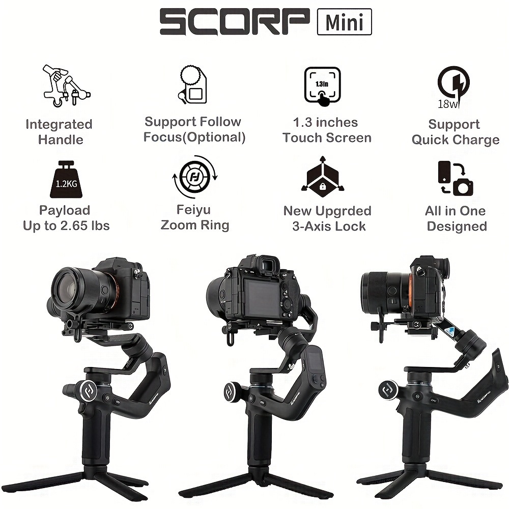  mini 3 axis all in one gimbal stabilizer for mirrorless camera with short lens compact cameras action camera 54 88mm width iphone 15 pro 1 3 touch screen 2 6lbs payload details 1