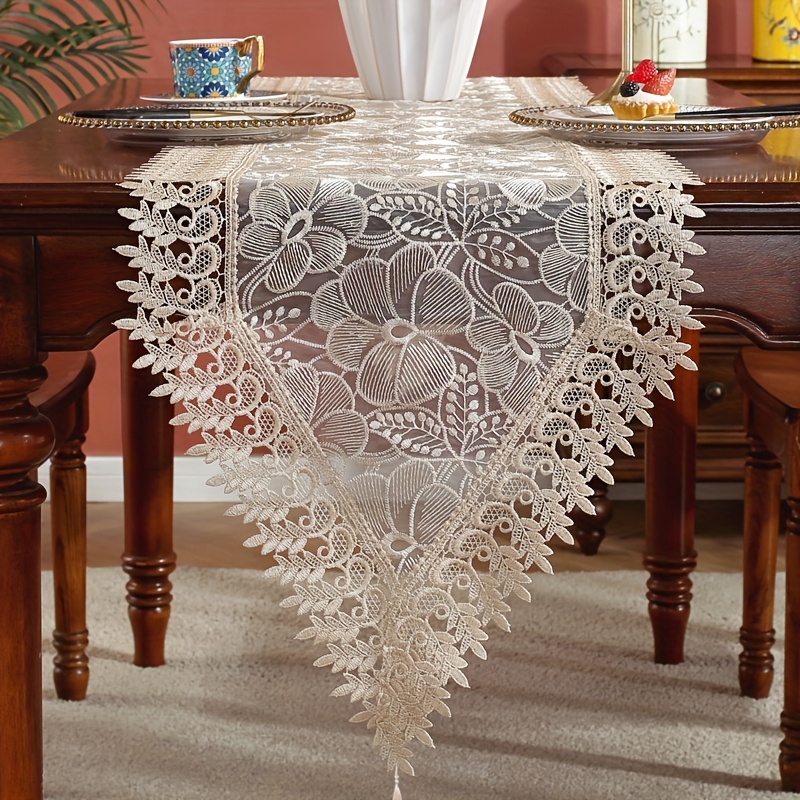 

1pc Elegant Coffee-colored Embroidered Floral Polyester Organza Table Runner, Rectangular Woven Lace Tablecloth For Home, , Outdoor Picnic, Party Decor, Ideal Gift For Couples - Multiple Sizes