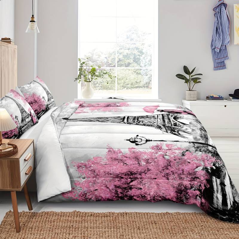Set Copripiumino King Size Torre Eiffel Rosa E Grigio | Biancheria Letto Parigi Romantica