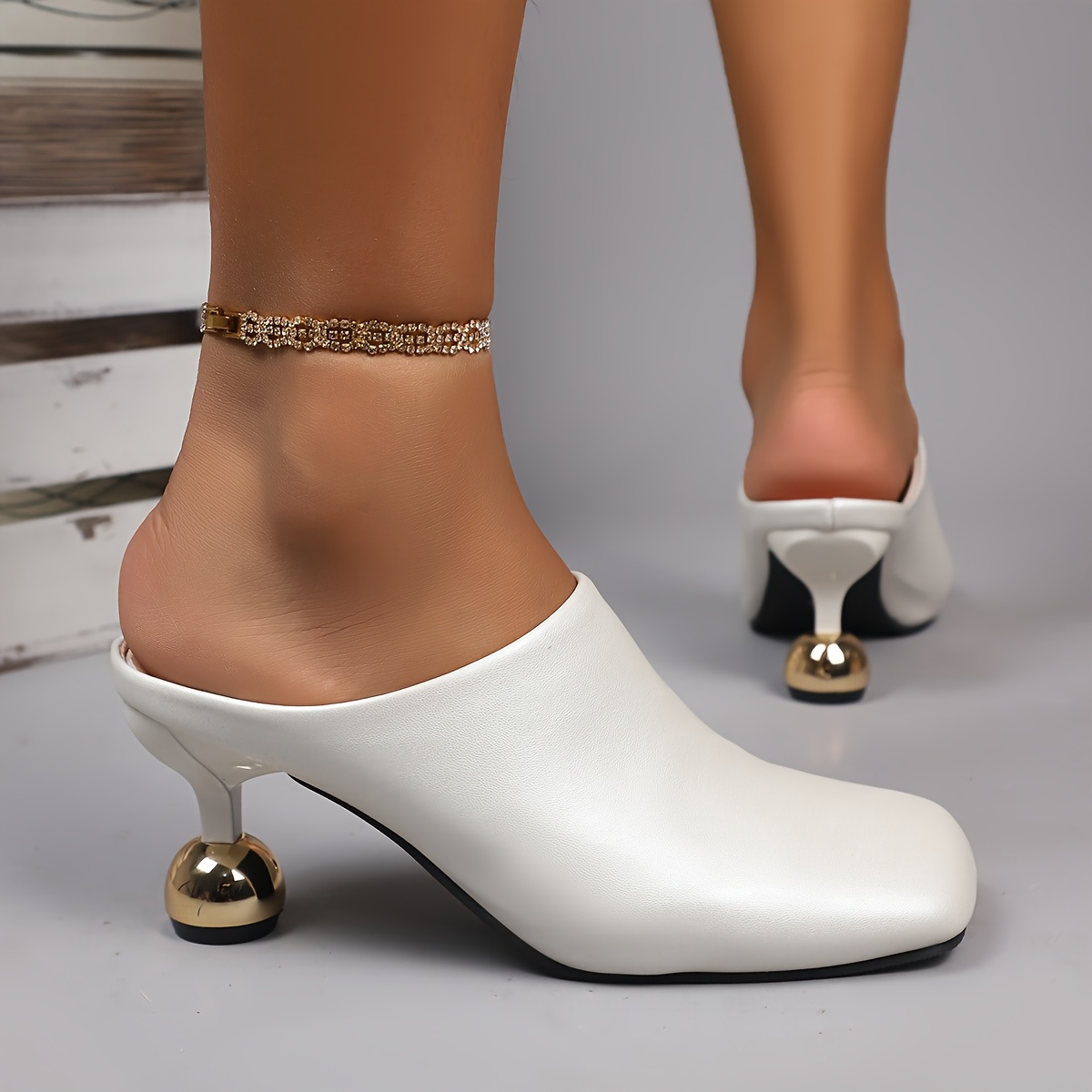 Ladies Fashion High Heel Cap Toe Slip-on Sandals, Summer New Vintage, Synthetic Upper, Rubber Sole, Synthetic Insole, with Strappy Back for Wome