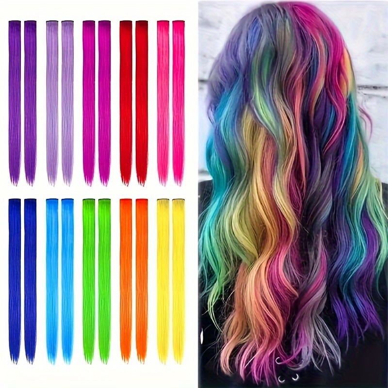Image of 20pcs Rainbow Clip-in Hair Extensions Set - 22" Vibrant Synthetic Straight Pieces For Women, Perfect For Parties, Halloween And Cosplay
