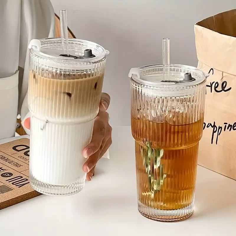 1 2 ins large capacity reusable glass cup with leak proof lid straw vertical striped design oval shape for hot cold beverages modern drinkware for coffee home holiday gifts office drinkware stylish beverage container hand wash only tea Product details 0