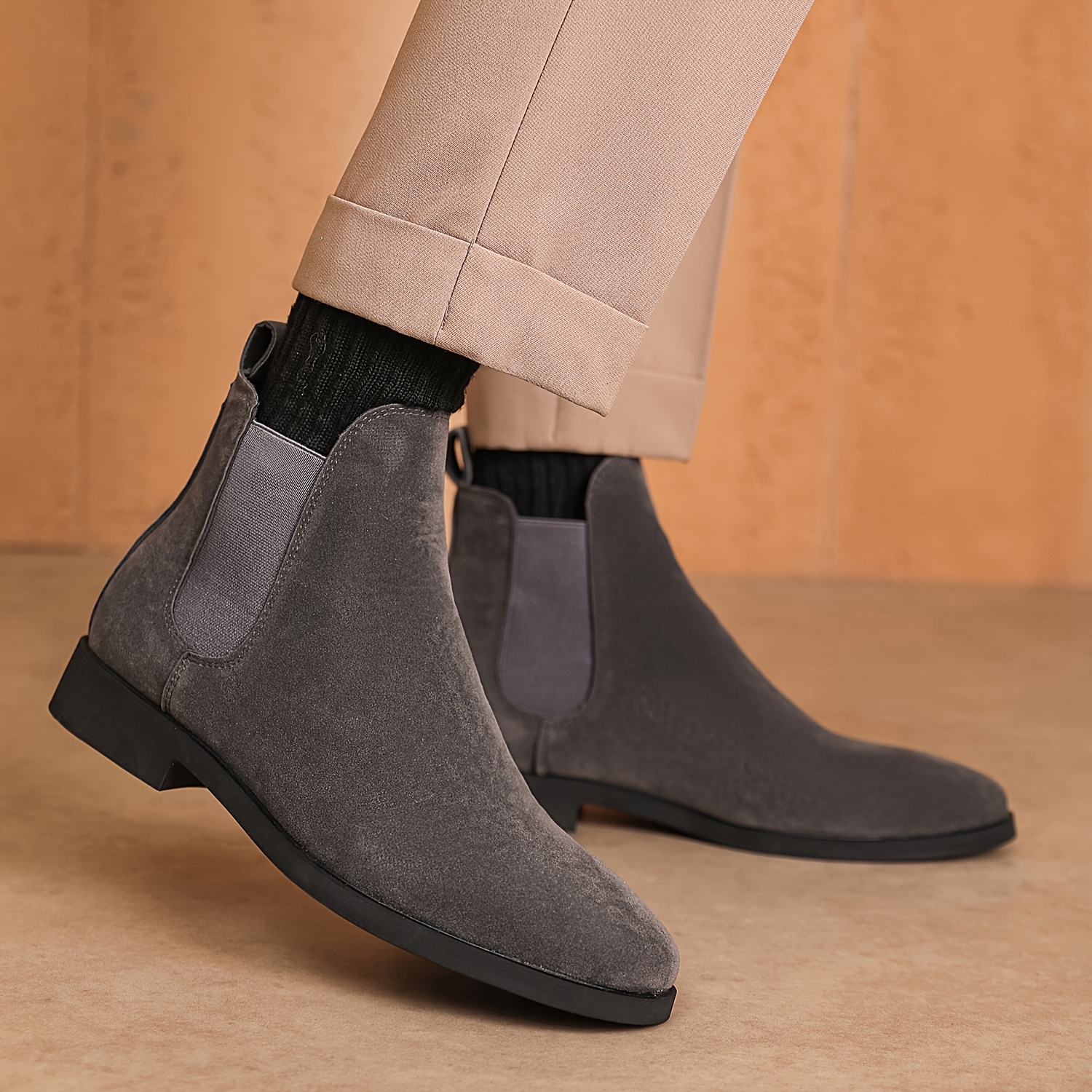 Men'S Classic Square Toe Chelsea Boots - All-Season Faux Ankle Dress Boots with Elastic Slip-On Closure, Solid Color, Rubber Sole, Fabric Lining for Daily & Business Wear