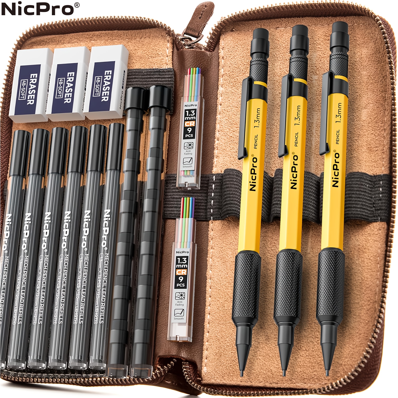 

Nicpro 17pcs 1.3 Mm Mechanical Pencil Set In Leather Bag With 90 Lead Refill, 3 Eraser, 12 Eraser Refills- Weatherproof Metal Barrel, Heavy Duty Carpenter Pencil