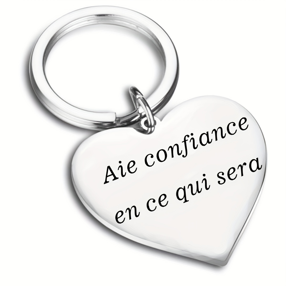 Porte-clés en acier inoxydable en forme de cœur avec une citation inspirante en français, Porte-clés gravé Crois en ce qui adviendra, cadeau parfait pour la famille et les  . détails 0