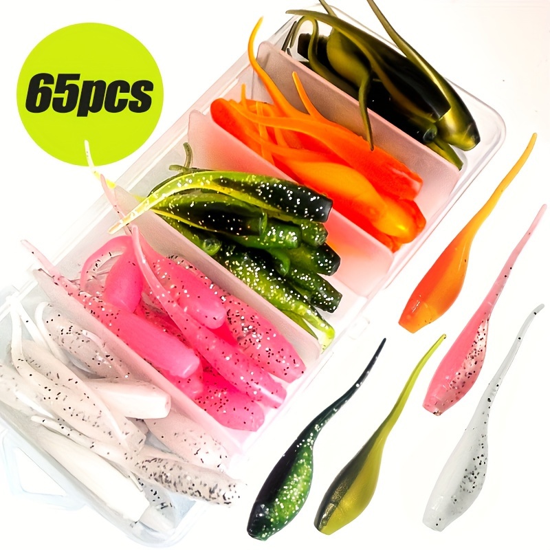 

Kit de 65 Leurres Souples pour la Pêche, Kit de Leurres pour Crappie, Kit de Leurres en Plastique Souple Curlee Swimbaits pour Bass, Truite, Doré, Crappie