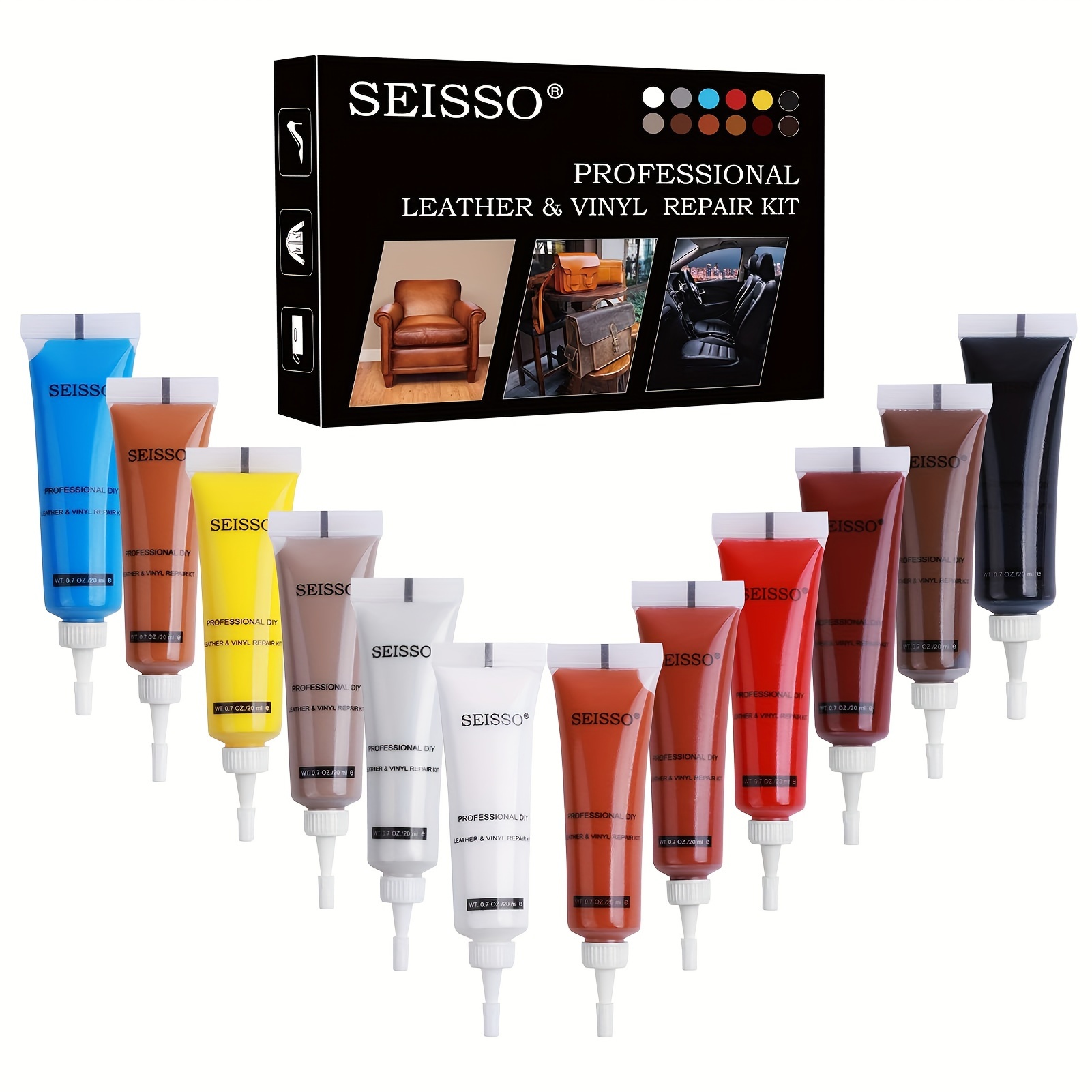 TEMU Seisso Leather And Vinyl Repair Kit, 12 Colors Repair Paint Gel Restorer For Couch, Sofa, Car Seat, Furniture, Jacket - Quick & - Restore Genuine, , Italian, Pu