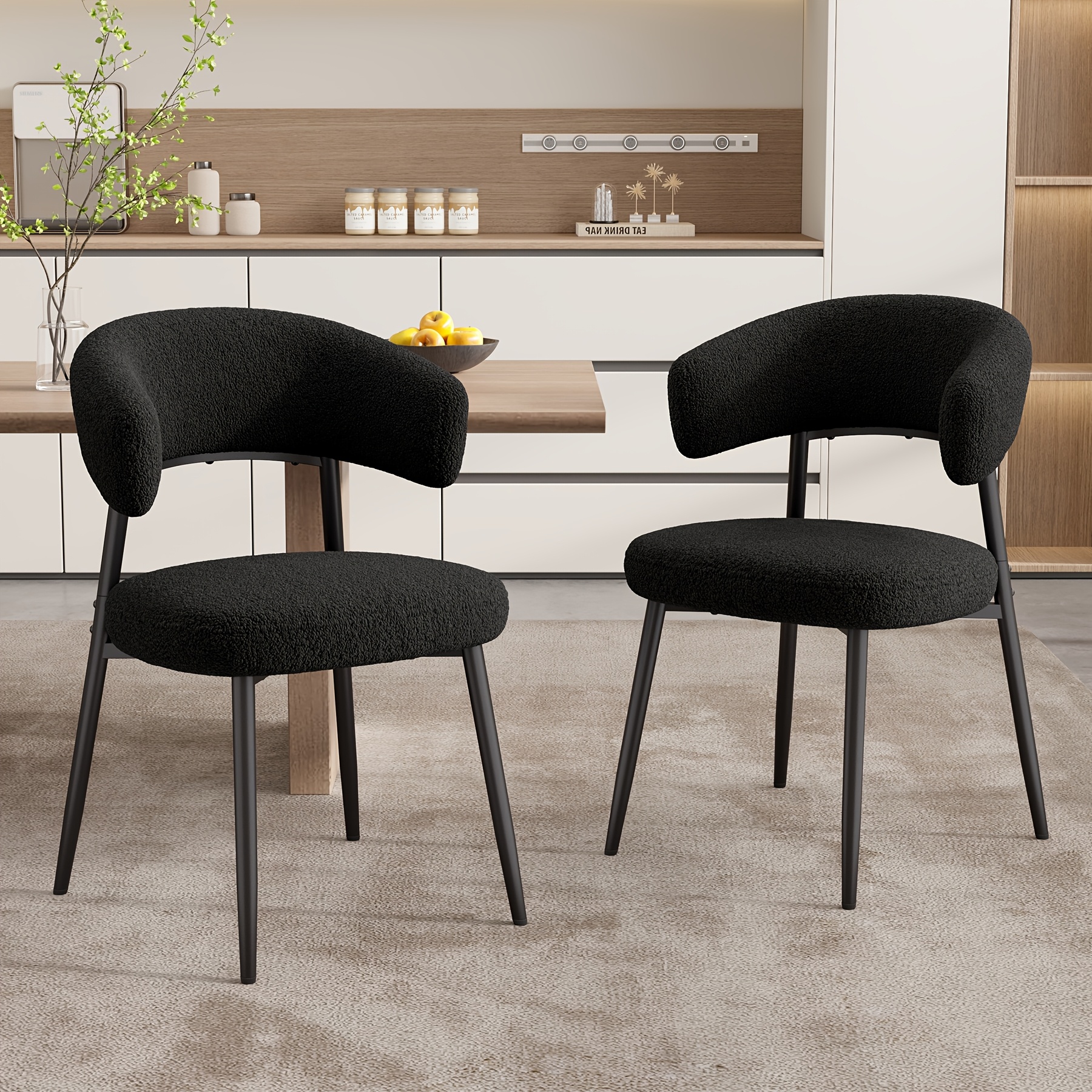 Image of Dining Chairs Set Of 2, Mid-century Modern Kitchen Chairs, Boucle Upholstered Dining Chair With Curved Backrest And Metal Legs For Kitchen Dining Room