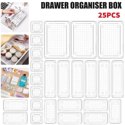 25pcs multifunctional transparent plastic drawer storage and organizing box desk makeup table desktop stationery cosmetics separated storage box stackable storage saving space desk and drawer organizer for home storage