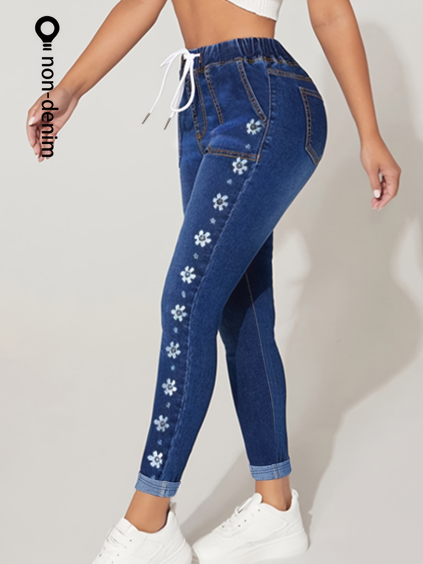 [denim print/  denim] autumn and winter fleece-lined   denim pants with floral print, drawstring design, fashionable casual wear for women, versatile everyday  , comfortable elastic waist, all-match   fit   denim effect full-body print, outdoor and home use long trousers Product details 3