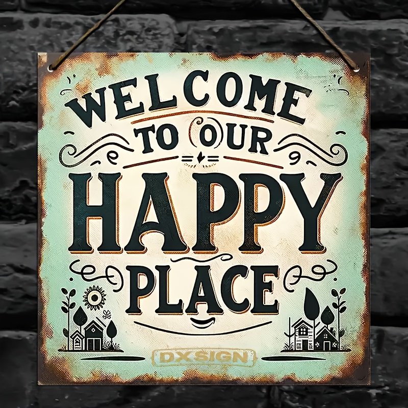 Rustic Style Wooden Welcome Sign, "welcome To Our Happy " Home Decor Plaque, Square Wooden Board, Wall Hanging, , Suitable For Living Room And Bedroom