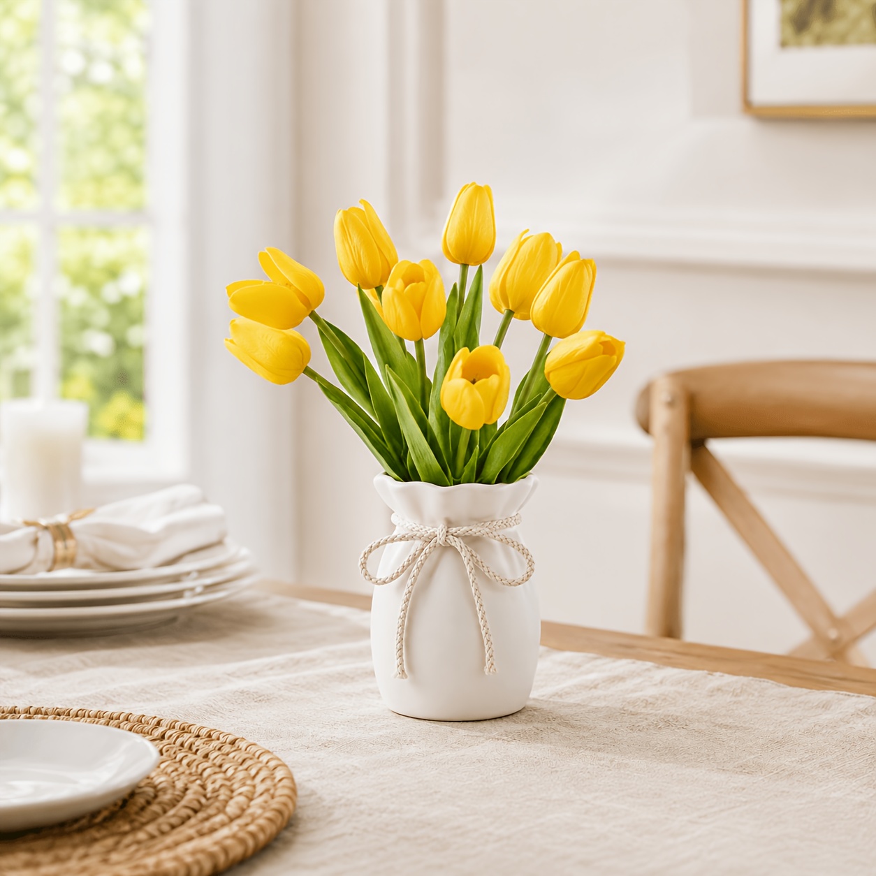 TEMU 1 pièce Vase en plastique blanc, Récipient à fleurs créatif avec cordon de serrage, Ornement de décoration d'intérieur de style nordique crème,