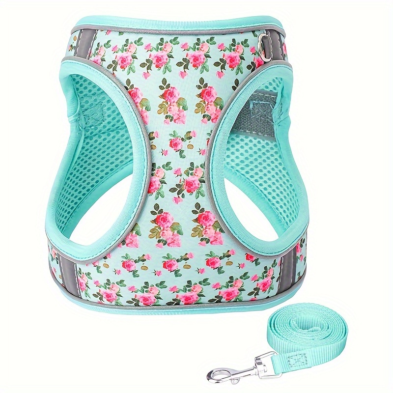 

Harnais et laisse pour chien ajustable en polyester avec motif floral, bandes réfléchissantes de sécurité, lavable à uniquement, anneau O de traction - Confortable pour animaux de compagnie