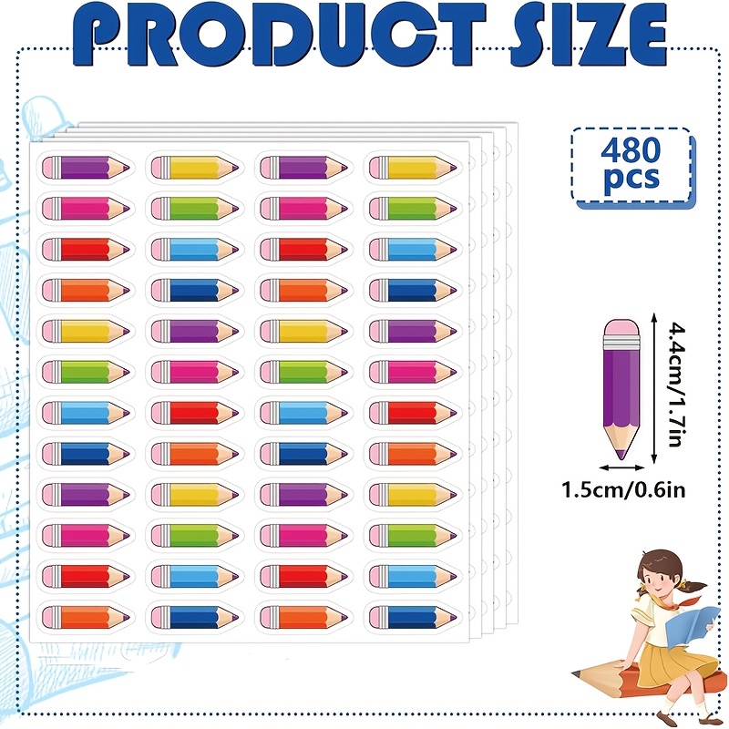 TEMU 480pcs Autocollants Colorés pour Crayons Étiquettes Autocollants de Rentrée Scolaire Crayons Autocollants Décoration de d'Annonces de Classe