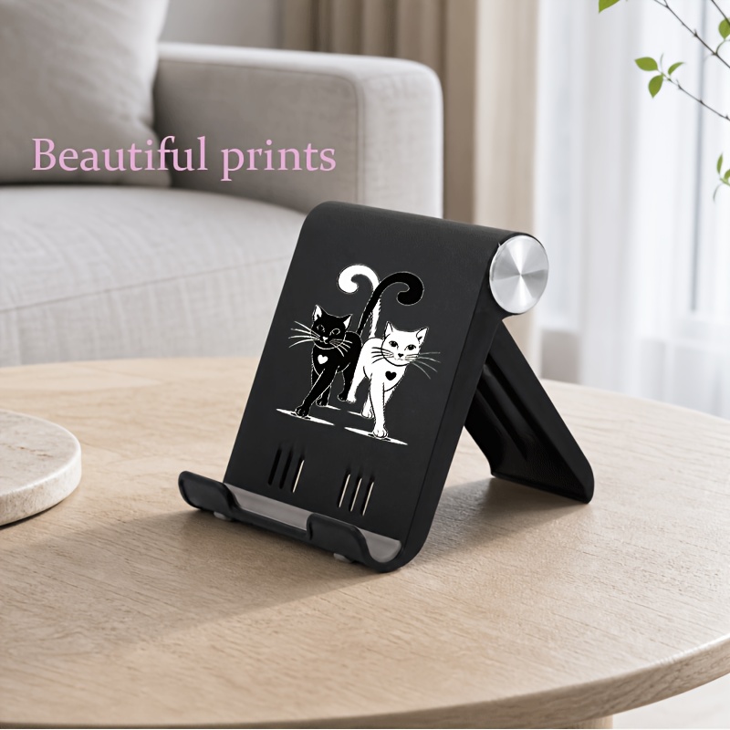 TEMU 1pc Cute Black And White Couple Cats Foldable Desk Cell Phone Stand Phone Holder Adjustable Desktop Phone Stand For Desk Mobile Phone Holder