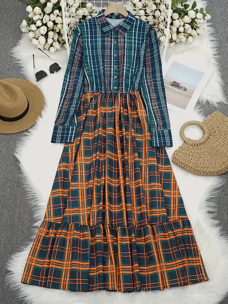 christmas plaid maxi dress Cotton Plaid Maxi Dress, Red Tartan Shirt Dress With Long Sleeves, Red Gingham Dress, Full Lumberjack Dress, Plus Size Dress With Pocket