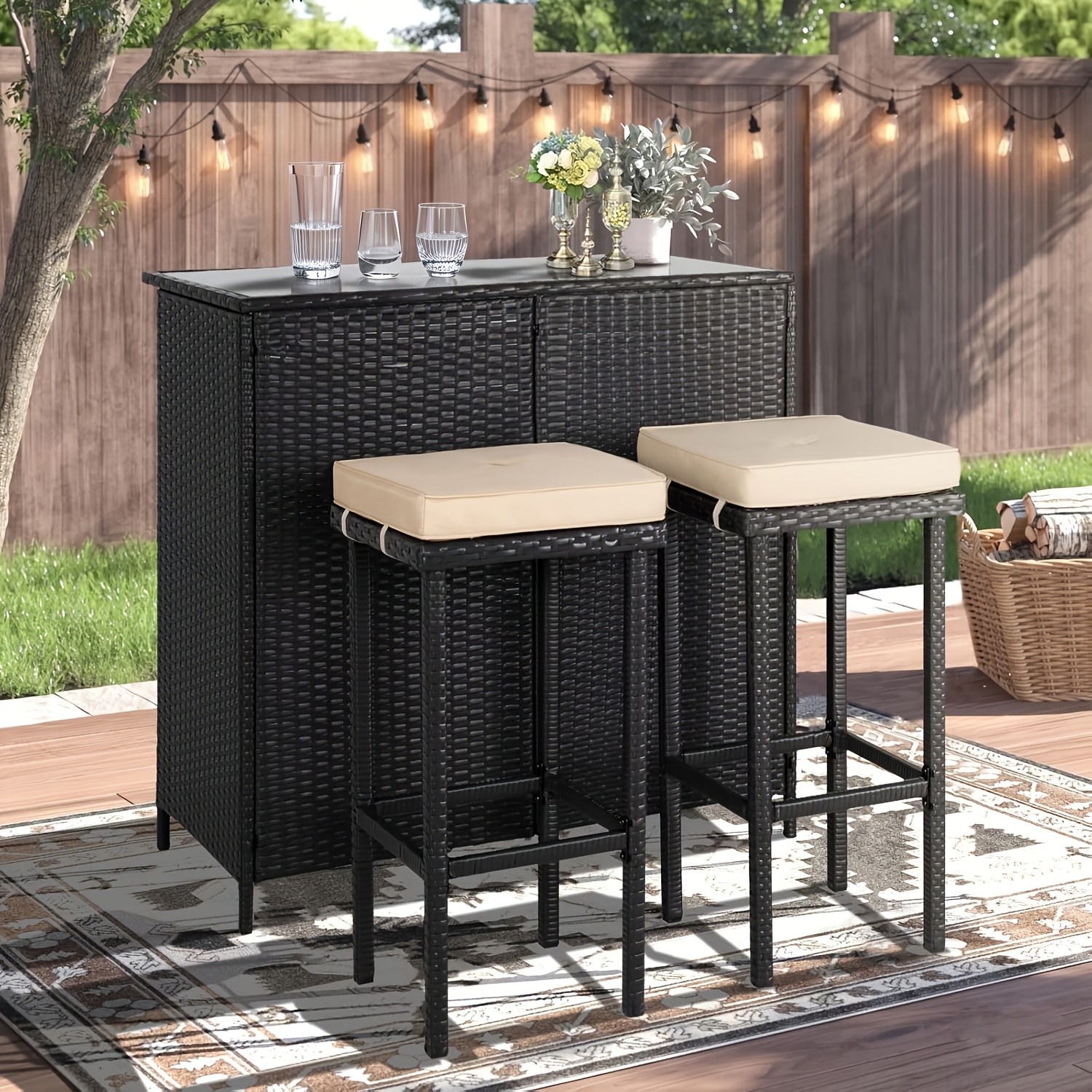 3pcs Outdoor Wicker Patio Bar Set with Hidden Storage Shelf, Brown Glass Top Table with Two Matching Stools and Comfortable Cushions for Backyard, Garden, Poolside and Patio